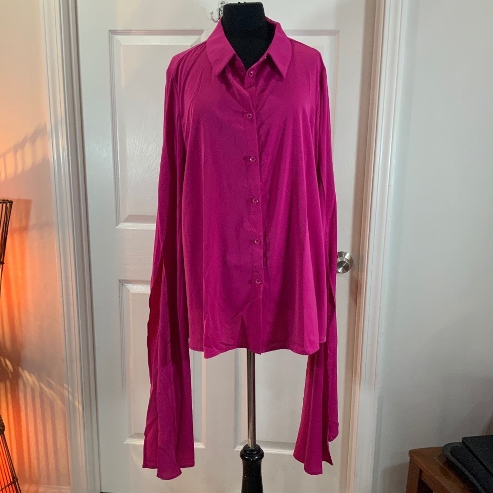 Hot Pink Wing Bat Sleeves Goth Long Sleeves Button Down Top Plus Size 4X